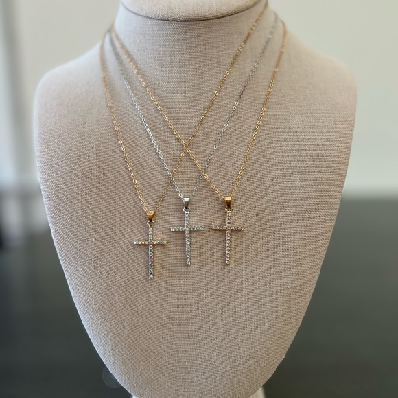 Gold & Clear Rhinestone 1.5” Cross 16" Necklace Christian Faith Religious Gift - Picture 4 of 5